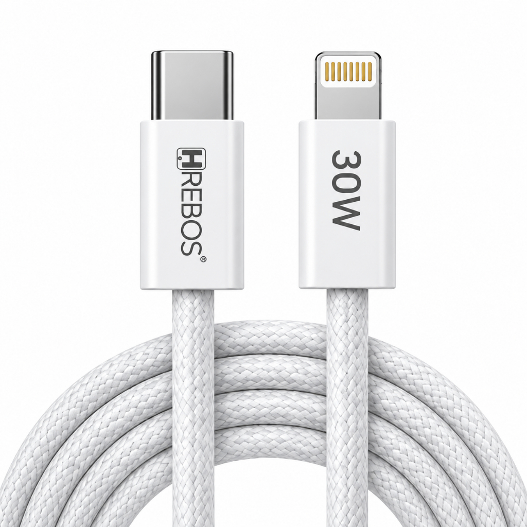 Cabo USB-C para Lightning Hrebos 30W Carregamento Rápido iPhone 14 13 12 11 Pro Max 1 Metro Trançado Reforçado