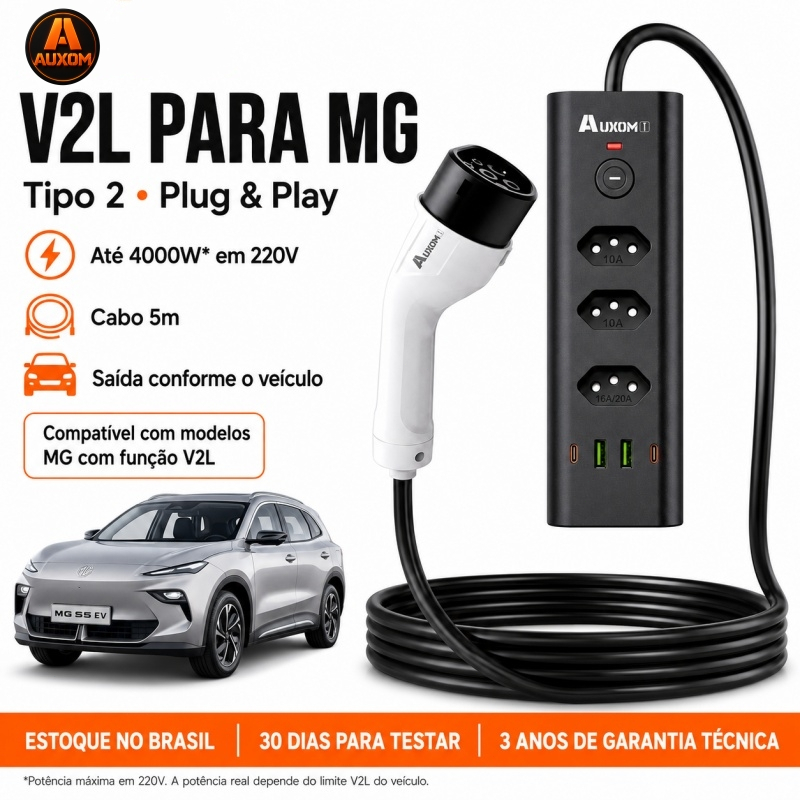 AUXOM Cabo V2L para MG MG4 MG S5 Tipo 2 4000W 5m Plug and Play Tomadas BR USB