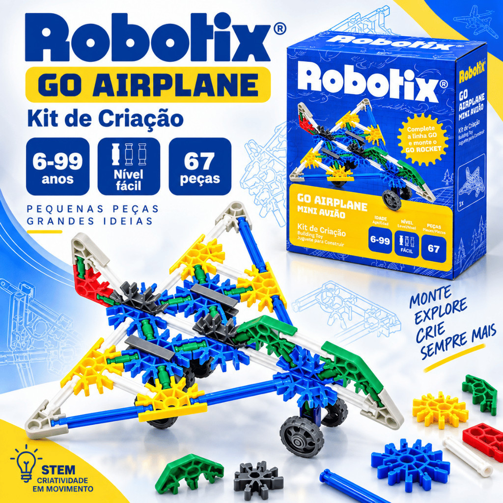 Robotix Go Airplane Mini Avião 67 Peças Brinquedo Educativo STEM Kit de Montar 6+ Anos