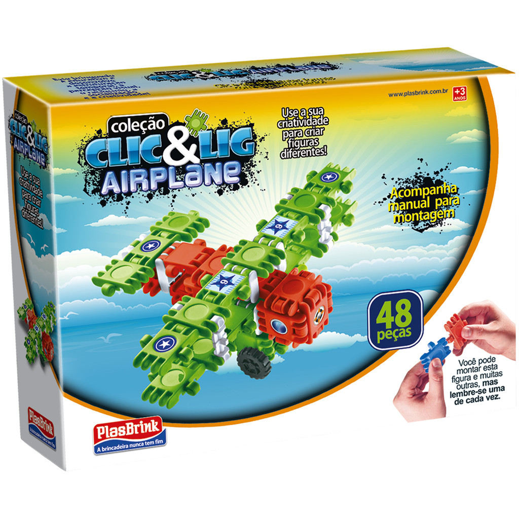Brinquedo Clic & Lig Airplane 48 Peças Avião Montar Desmontar Infantil Verde Plástico PlasBrink