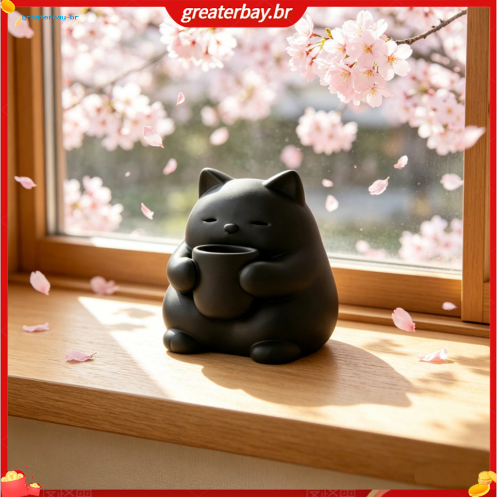 Mini Cute 3d Printed Cat Figurine – Small Tea Drinking Statue Perfect Desktop Ornament for Room Bedroom Office Shelf D
