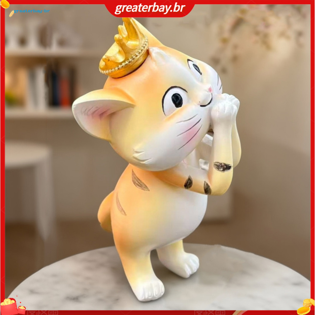 Cute Cat Figurine Resin Small Statue with Crown – Cartoon Desktop Ornament for Home Office Car Decor Perfect Gift for