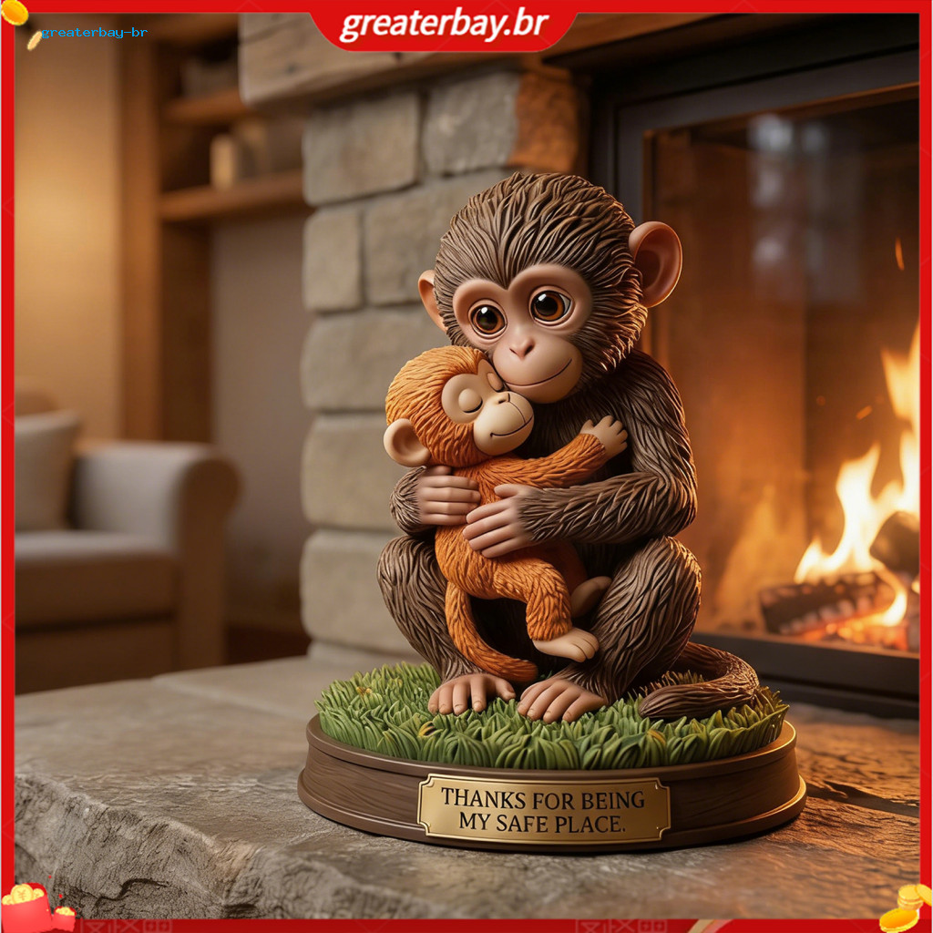 Cute Baby Monkey Figurine Holding Plush Toy – Small Desktop Ornament for Room Bedroom Office Table Decor Perfect Gift