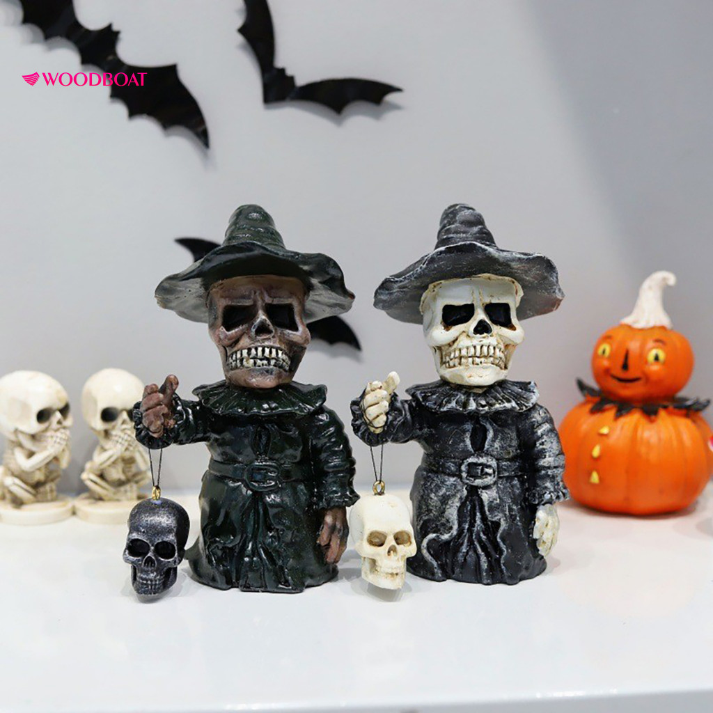Skeleton Figurine Eerie Display Small Skull Resin Statue – Day of the Dead Halloween Decor for Shelf Desktop Office Ho
