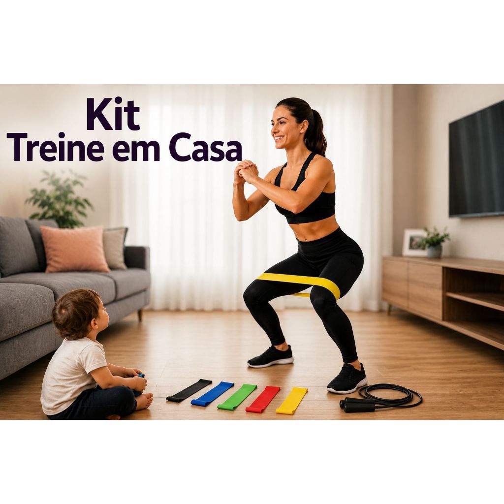 Kit Treino Rápido Para Mamães- Fortalecimento e Cárdio em Casa- Contém:5 elásticos mini band e Corda de Pular Ajustável