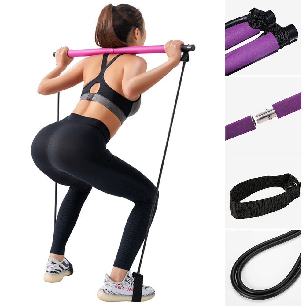 Kit Portátil Treino Pilates Yoga Barra Elástico Funcional