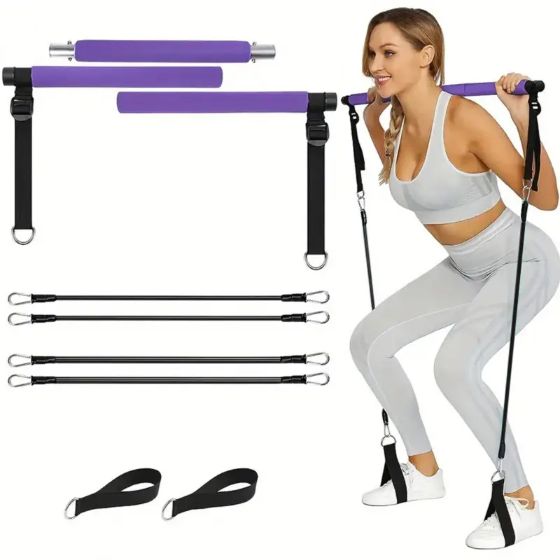 Barra de Pilates Yoga Portátil Com Elásticos Extensor Exercício Academia Treino Musculação Roxo/Preto