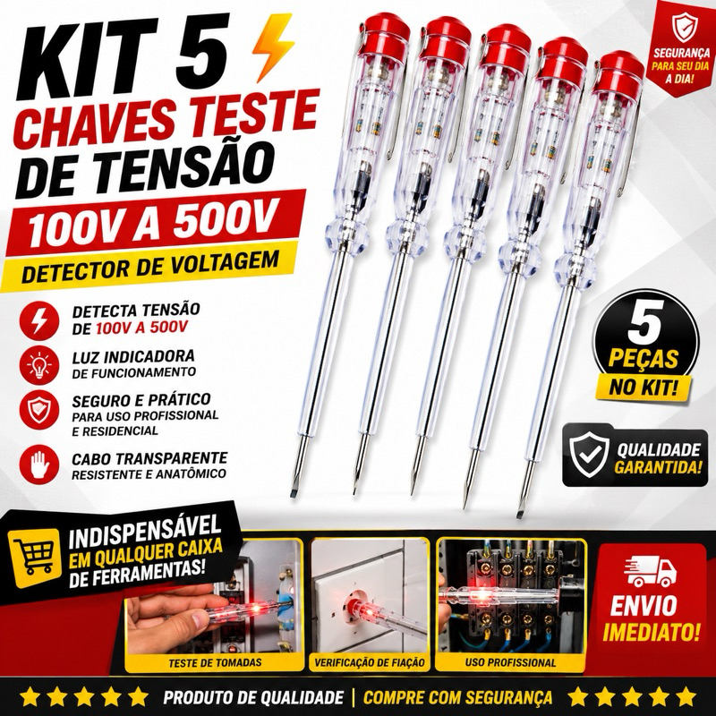 Kit 5 Chaves Teste de Tensão 100V a 500V Detector de Voltagem Fenda Profissional