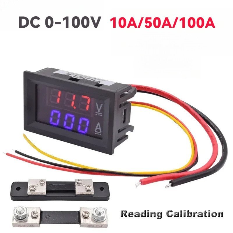 Voltímetro e Amperímetro Digital DC 0-100V 10A / 50A / 100A, Medidor de Painel com Display LED Duplo Vermelho e Azul de
