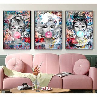 Quadros Decorativo 3 peças 60x40 Mosaico Mdf Alta Resolução Full HD  arte de rua moderna moda famosa mulheres chiclete blowing, bubbles, monroe monroe decoração
