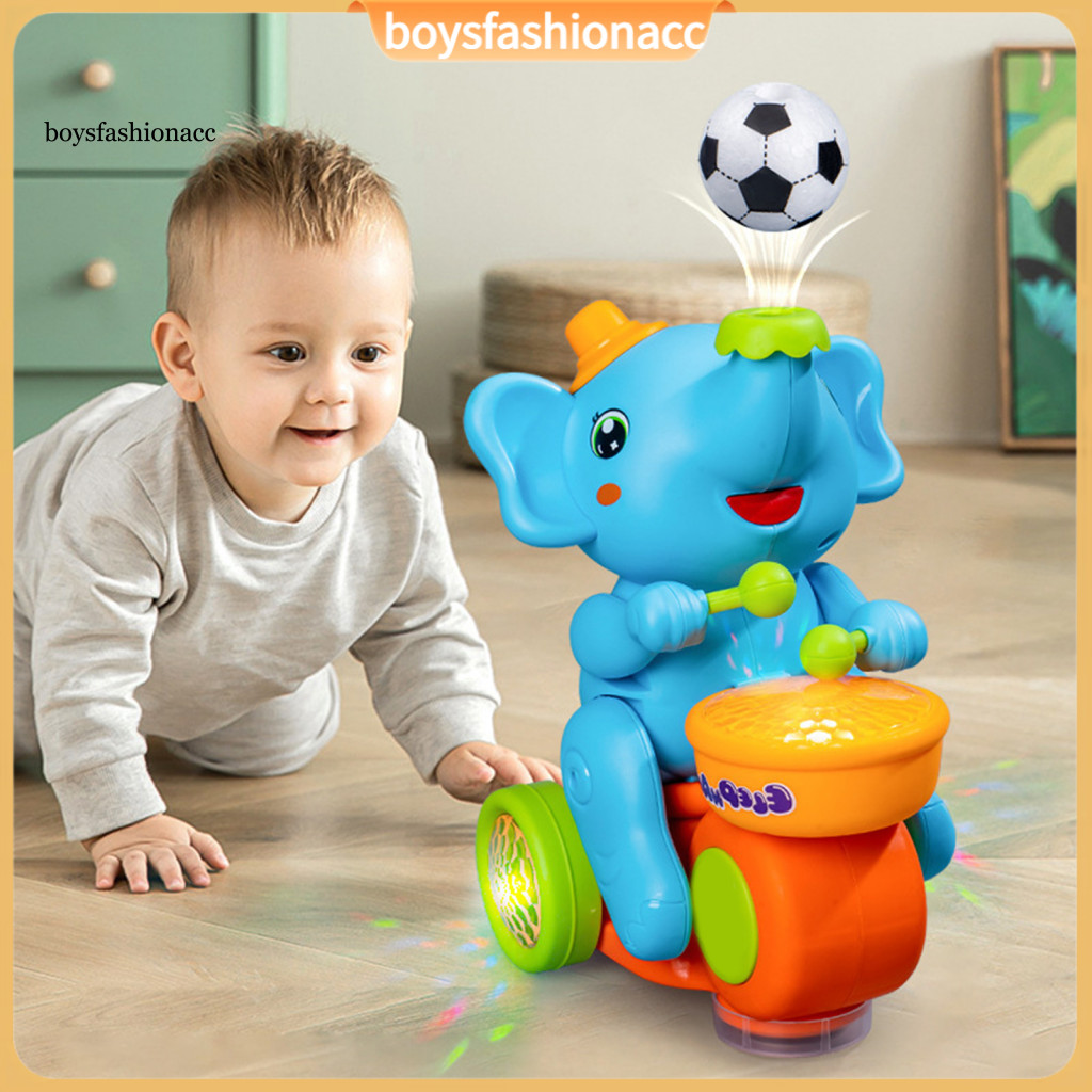 Baby Drumming Elephant Car Toy with Music Lights Blowing Ball – Early Educational Musical Animal Vehicle for Infant Cr