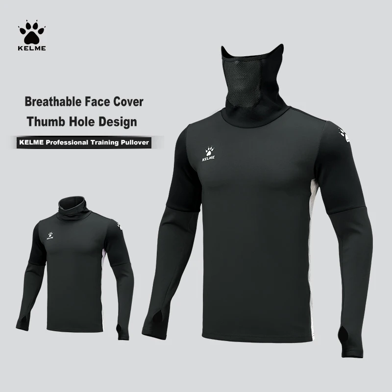 KELME Pullover Training Wear Men Stretch Thumb Hole Design Base Warm Thickness Shirt Breathable Face Cover Sportswear 8161TT1003
