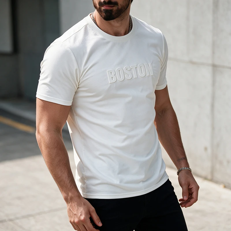 Men Embossed Letter Short Sleeve T Shirt Soft Stretch Regular Fit Versatile Daily Street Vacation Leisure Summer Casual Tops
