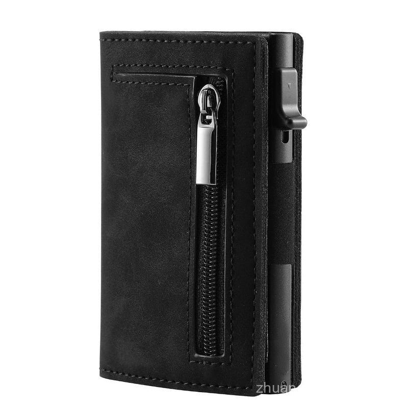 Carteira masculina de couro genuíno com porta-cartões de crédito automático, ultra-fina, com proteção RFID contra roubo,
