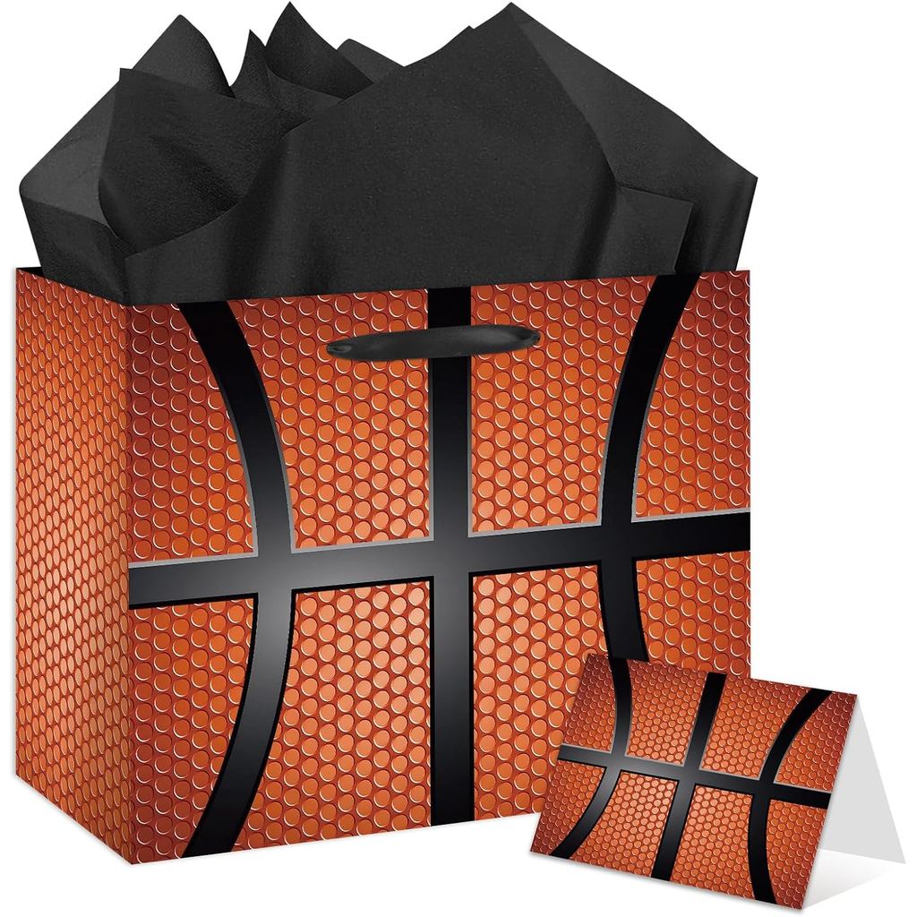 YXYASR Basketball Gift Bag Large Basketball paper bag with Tissue Paper and Greeting Card, Sturdy Sports Gift Bag with E