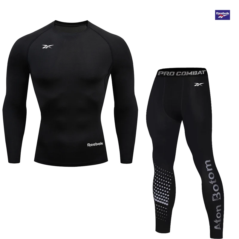 Reebok Men's Compression Long Sleeve T-Shirt Set, Stretch Training Suit, Fitness Workout Compression Top, Sport Shirt, Comfortab