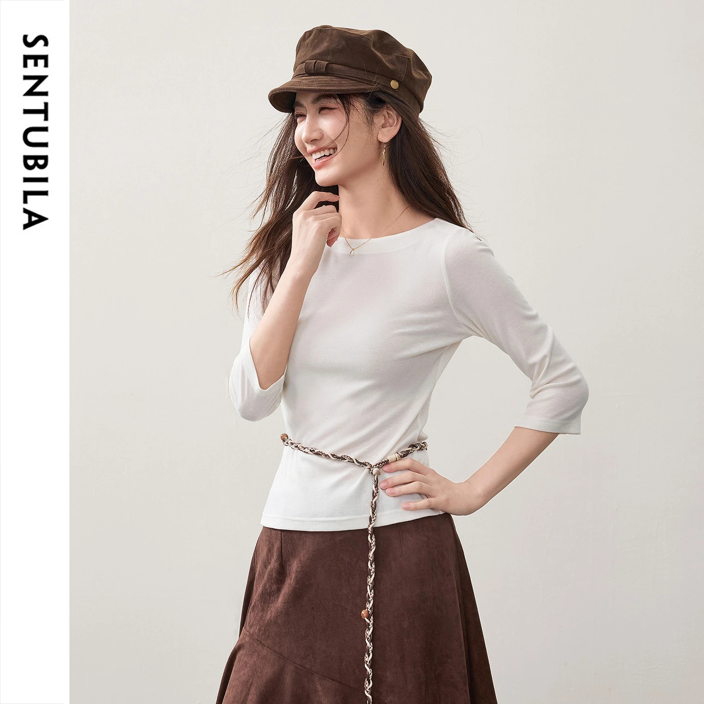 SENTUBILA 3/4 Sleeve Women T-shirts 2026 Autumn Wool Lyocell Off Shoulder Stretch Knitted Top for Woman Ladies Clothes 163TA7926