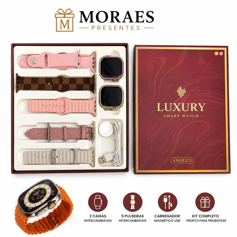 Relógio inteligente Luxury com kit completo, 2 caixas e 5 pulseiras. Recarregável, iOS e Android.