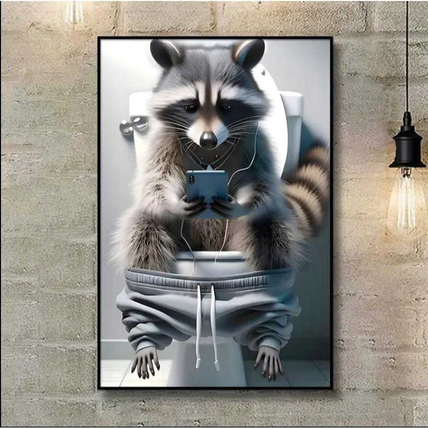 Quadro Placa Decorativo Guaxinim No Vaso Celular Fone De Ouvido Arte Fofo Banheiro 20x30cm