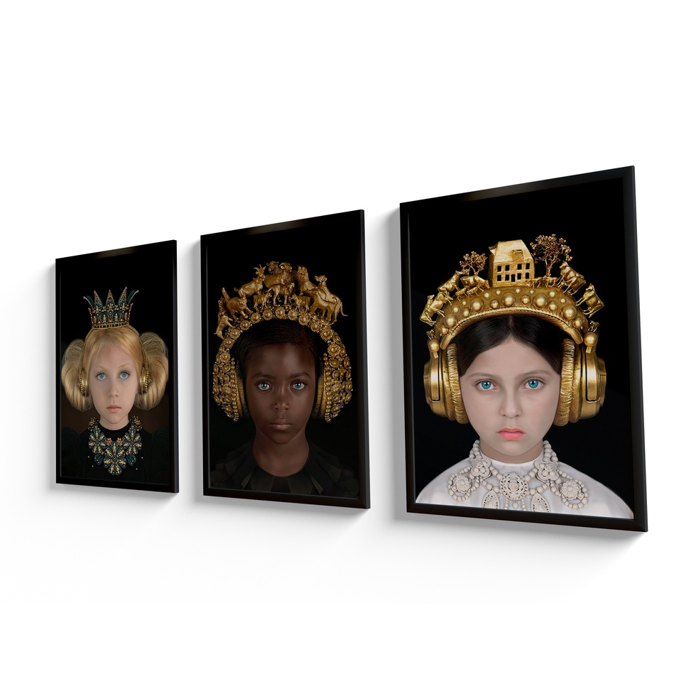 3 Quadros Decorativos Para Sala Quarto Cozinha Copa Crianças Fones Dourados