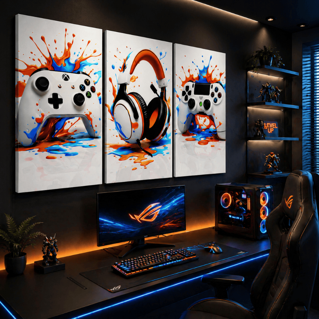 Quadros Decorativos 3 Peças Gamer Controle e Headset Colorido