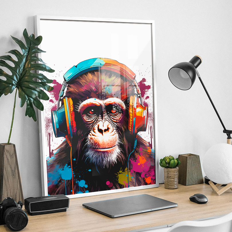 Quadro Macaco Grafite de Fone Colorido Moldura e Vidro