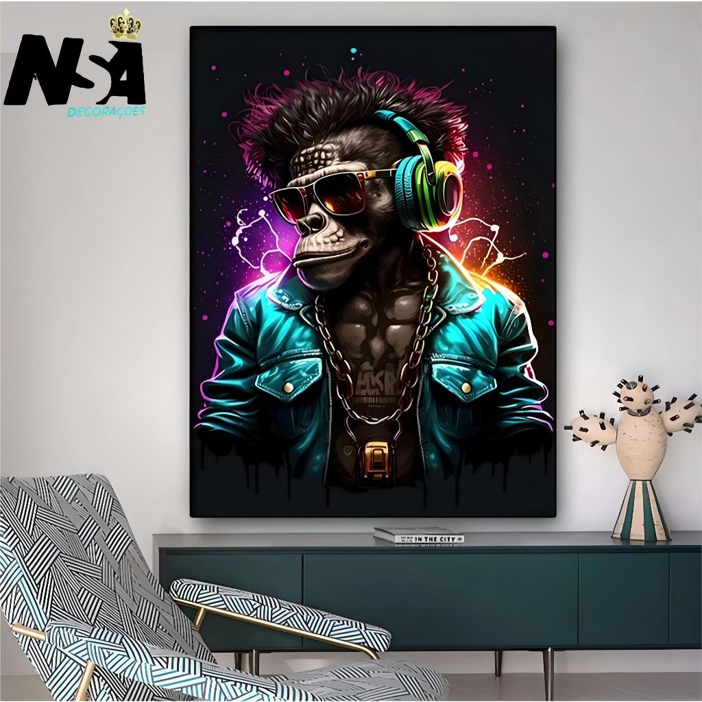Quadro decorativo para sala quarto escritorio macaco headset nenon