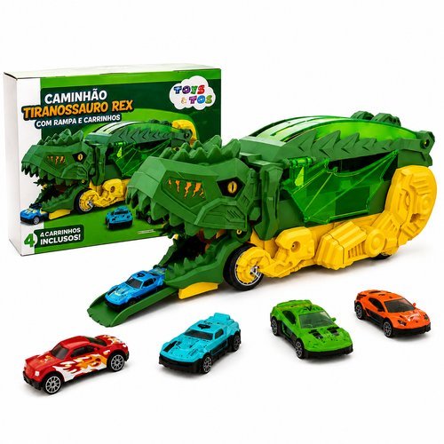 Caminhão Dinossauro Brinquedo Infantil Verde Com 3 Mini Carros Divertido Educativo