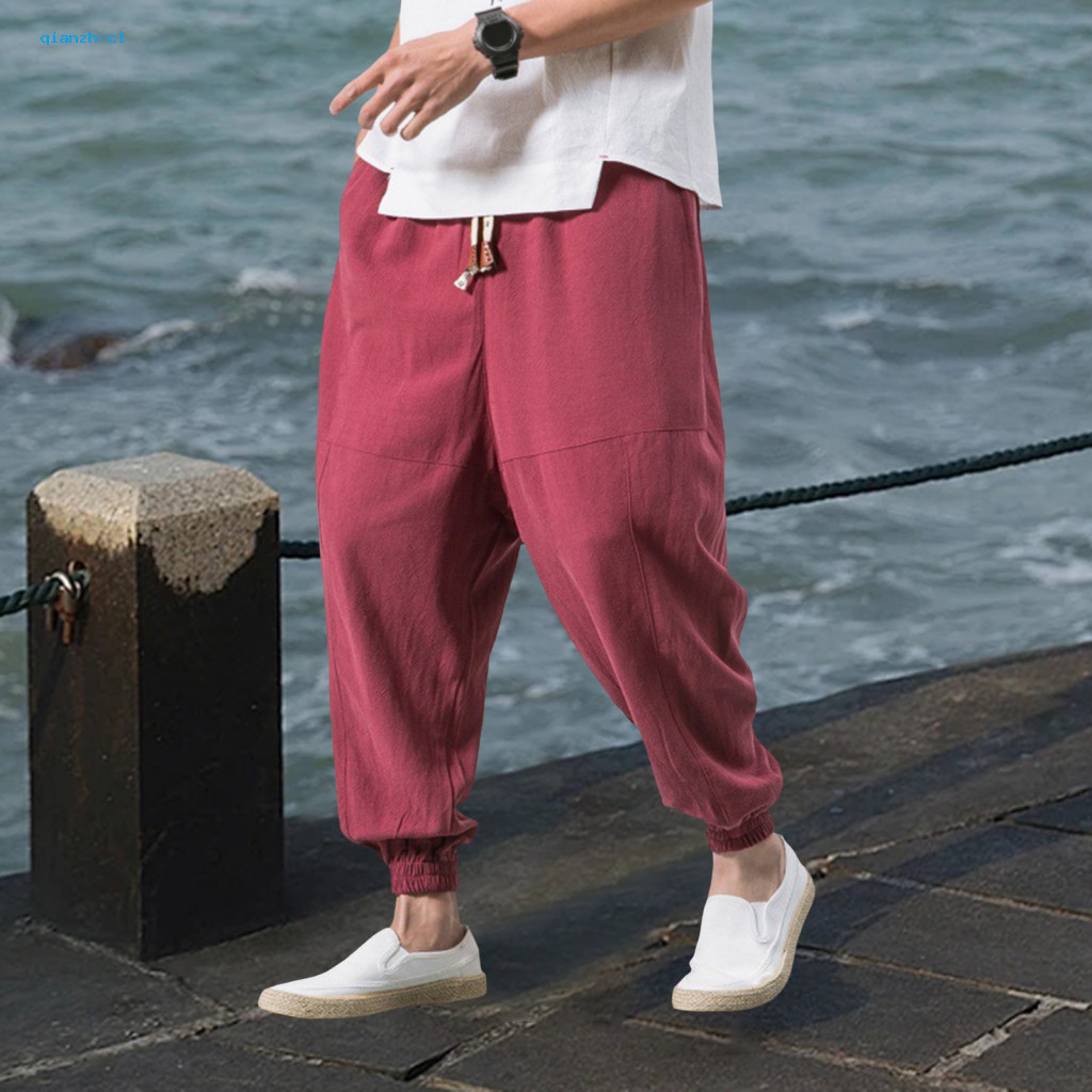Workout Trousers Elastic Waist Summer Men’s Harem Pants Loose Fit Ankle-length with Pockets Plus Size Japanese Style C