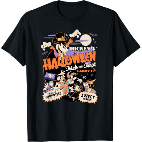 Camiseta Preta Unisex Alta Qualidade Design com Estampa de Mickey e Amigos Tema Mickey's Halloween Trick or Treat Estilo