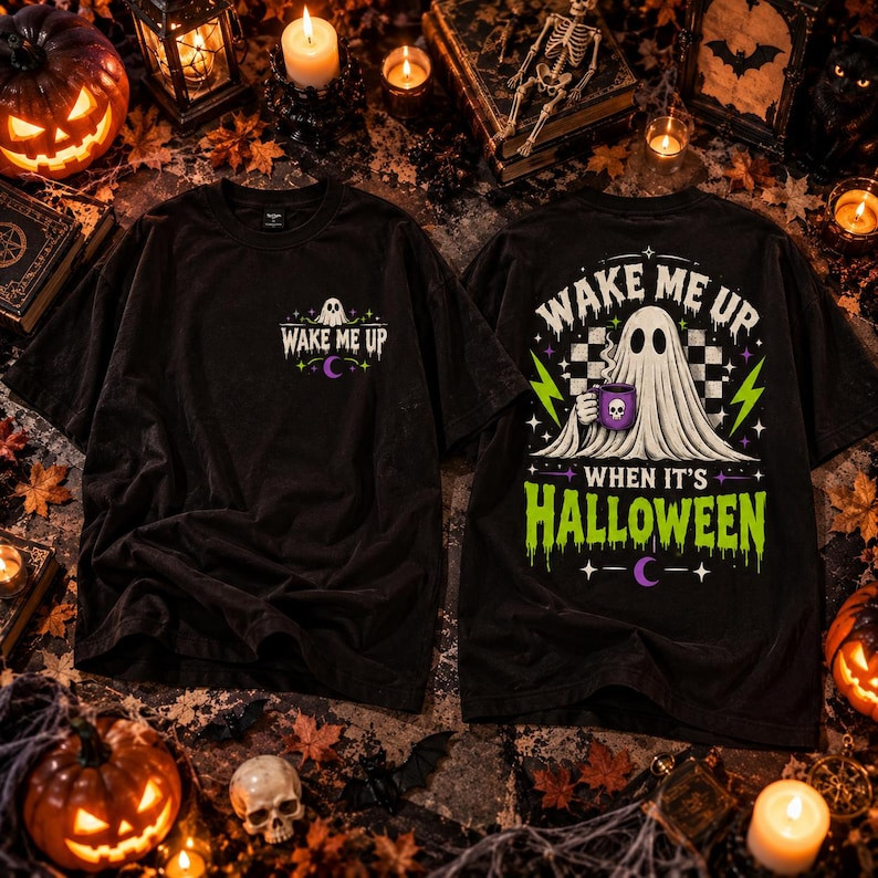 Camiseta Preta Unisex Alta Qualidade Design com Fantasma Estilizado Textos Wake Me Up When It's Halloween Elementos de L