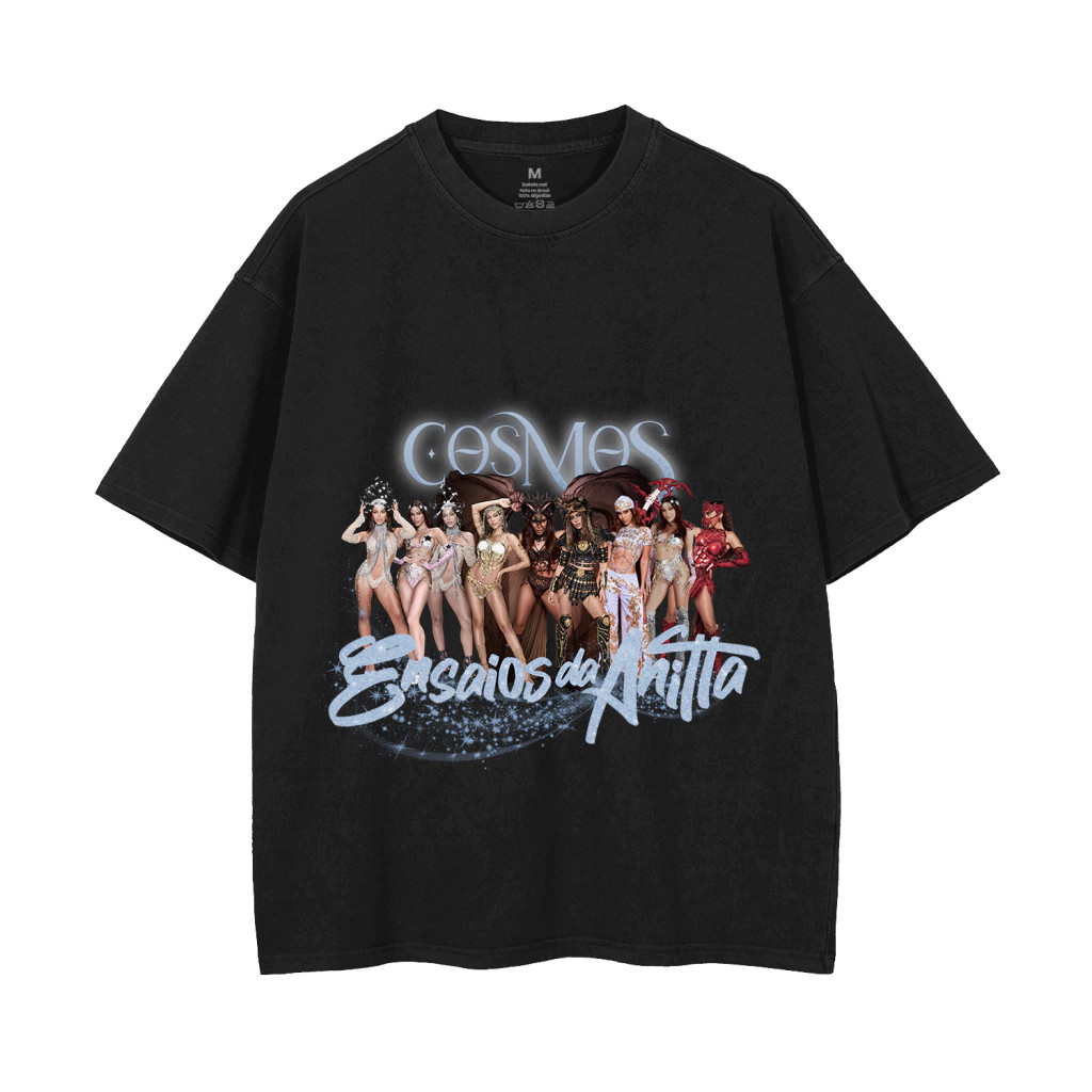 Camiseta Preta Unisex Design com Figuras Estilizadas Textos 