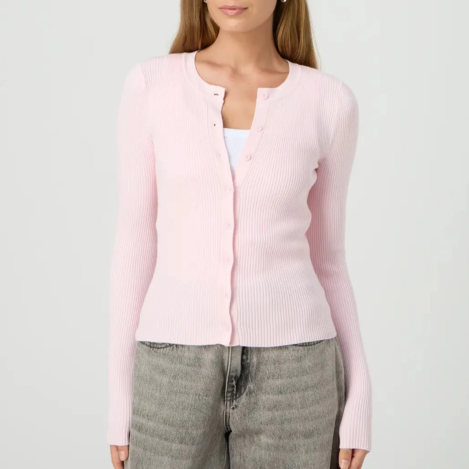 Autumn Winter Sweater Cardigan Women Solid Color Long Sleeve Round Neck Button Up Ribbed Knitwear Slim Coat