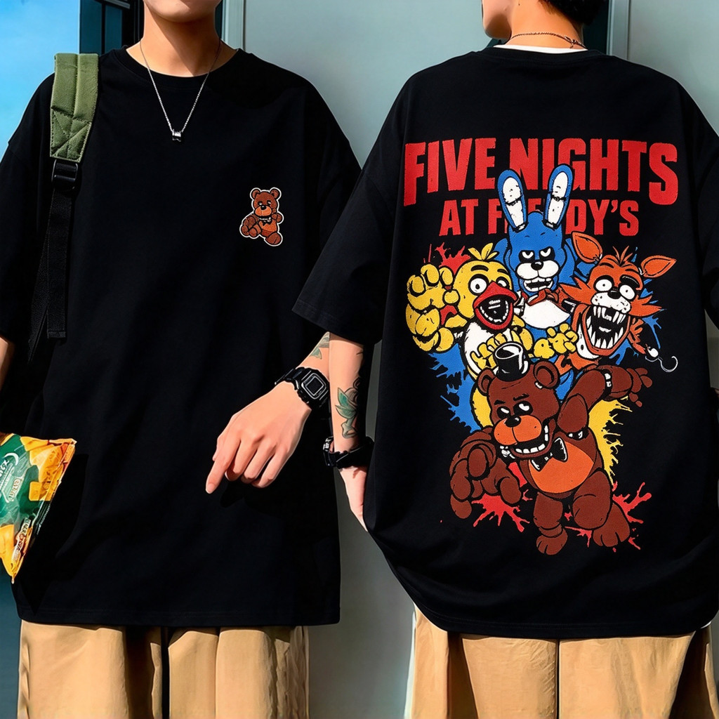Camiseta Unisex de Alta Qualidade, Design com personagens de Five Nights at Freddy's, Estampa dupla face com texto temát