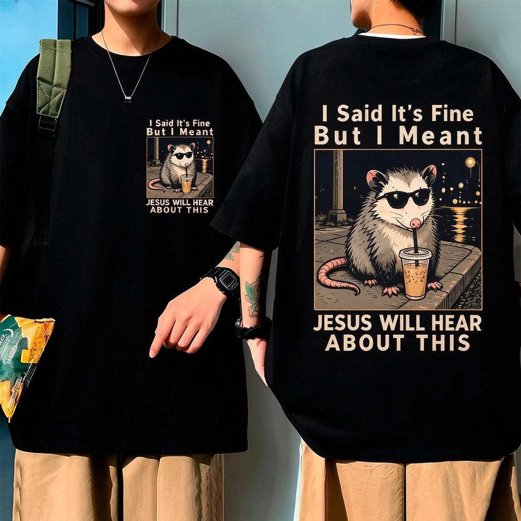 Camiseta Unisex de Alta Qualidade, Design com Gambá Divertido de Óculos de Sol, Estampa com Frase 