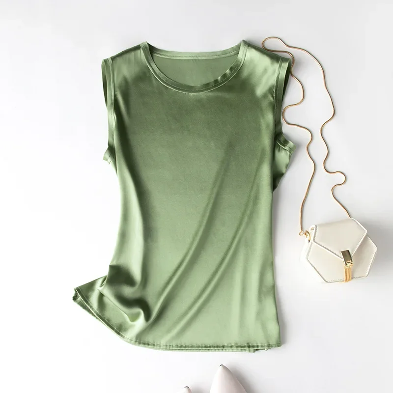Heavy Silk Women's Sleeveless Top T-shirt Autumn Silk Top Silk Satin Bottom Top Solid Color T-shirts Satin Shirts for Women