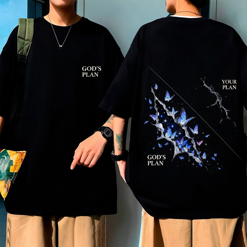 Camiseta Unisex de Alta Qualidade, Design com Borboletas Azuis em Efeito de Rachadura, Estampado com textos 