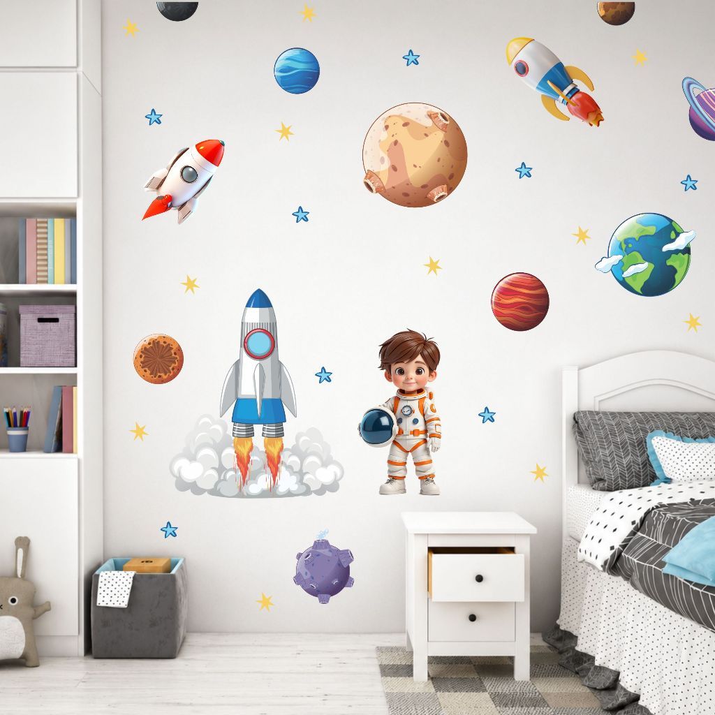 Adesivo de Parede Astronauta Boy Planetas Foguetes Estrelas Cute Baby Decoração De Quarto De Menino