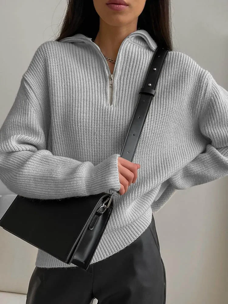 Women's Turtleneck Zippers Fashion Women Sweaters Solid Loose Pullover Long Sleeve Casual Knitted Sweater Woman Winter 2025