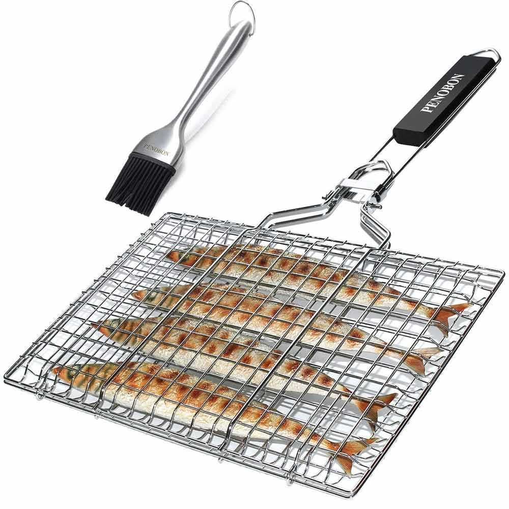 Stainless Steel BBQ Grill Basket with Non-Slip Handle, Foldable Barbecue Grilling Rack