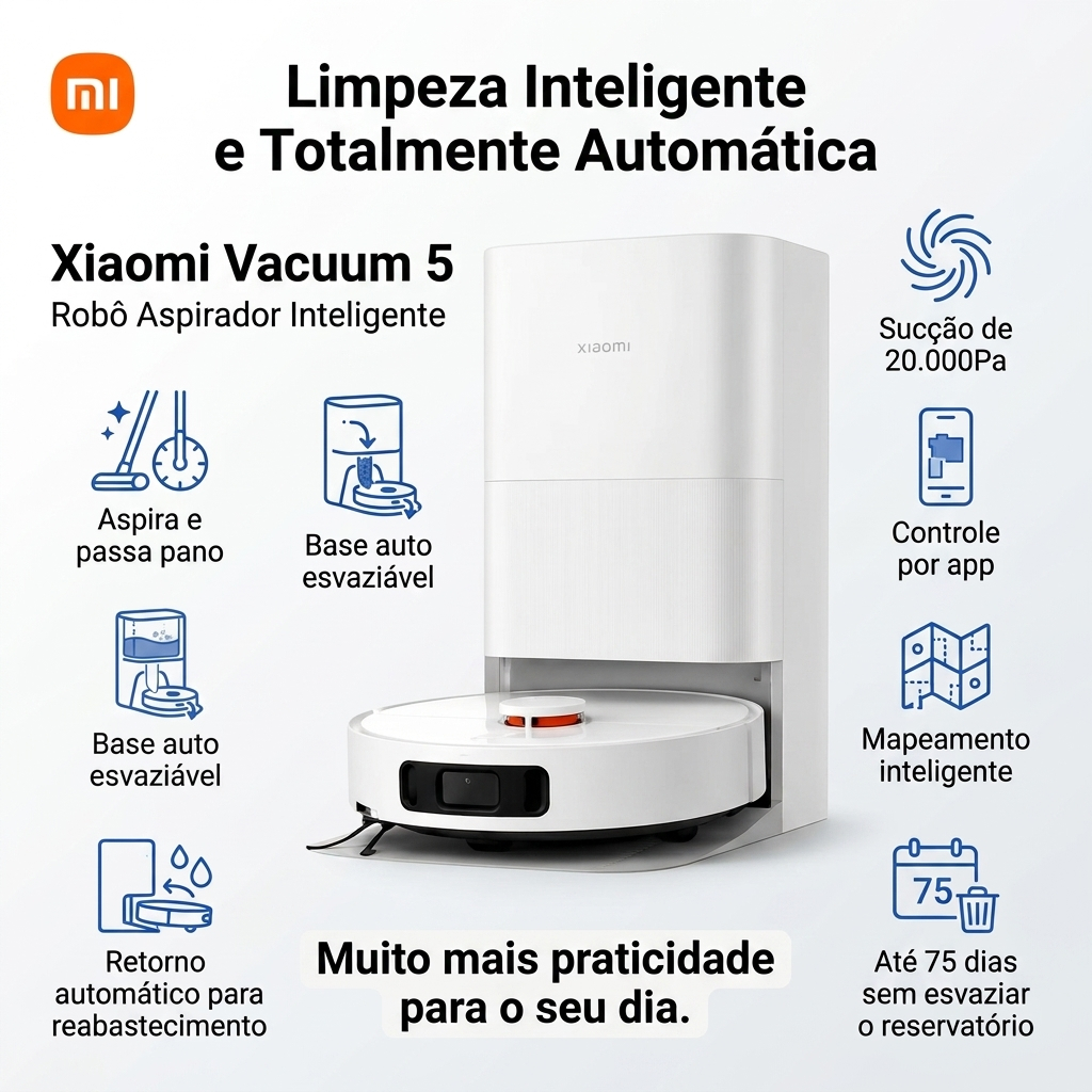 Robo Aspirador Xiaomi Vacuum 5 20.000 Pa com base auto limpante e auto esvaziavel