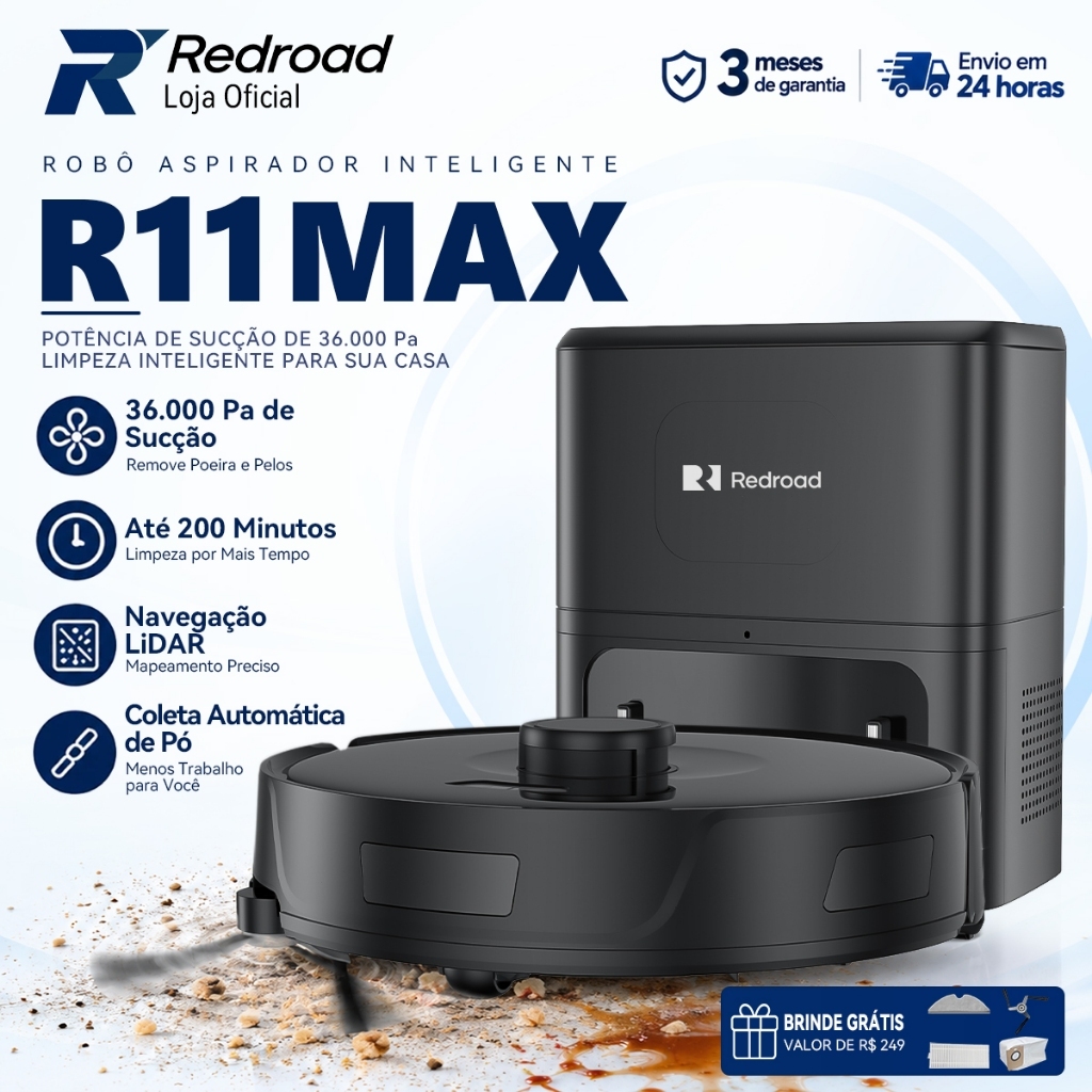 Robô Aspirador Redroad R11max 36000Pa Ultra Potente Base Auto Limpante Mapeamento Inteligente