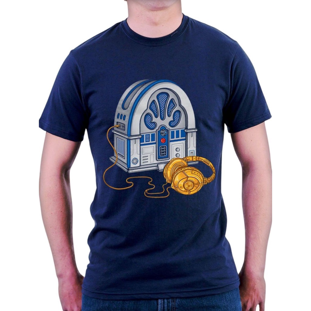 Camiseta Masculina Star Wars C3PO R2D2 música fone rádio