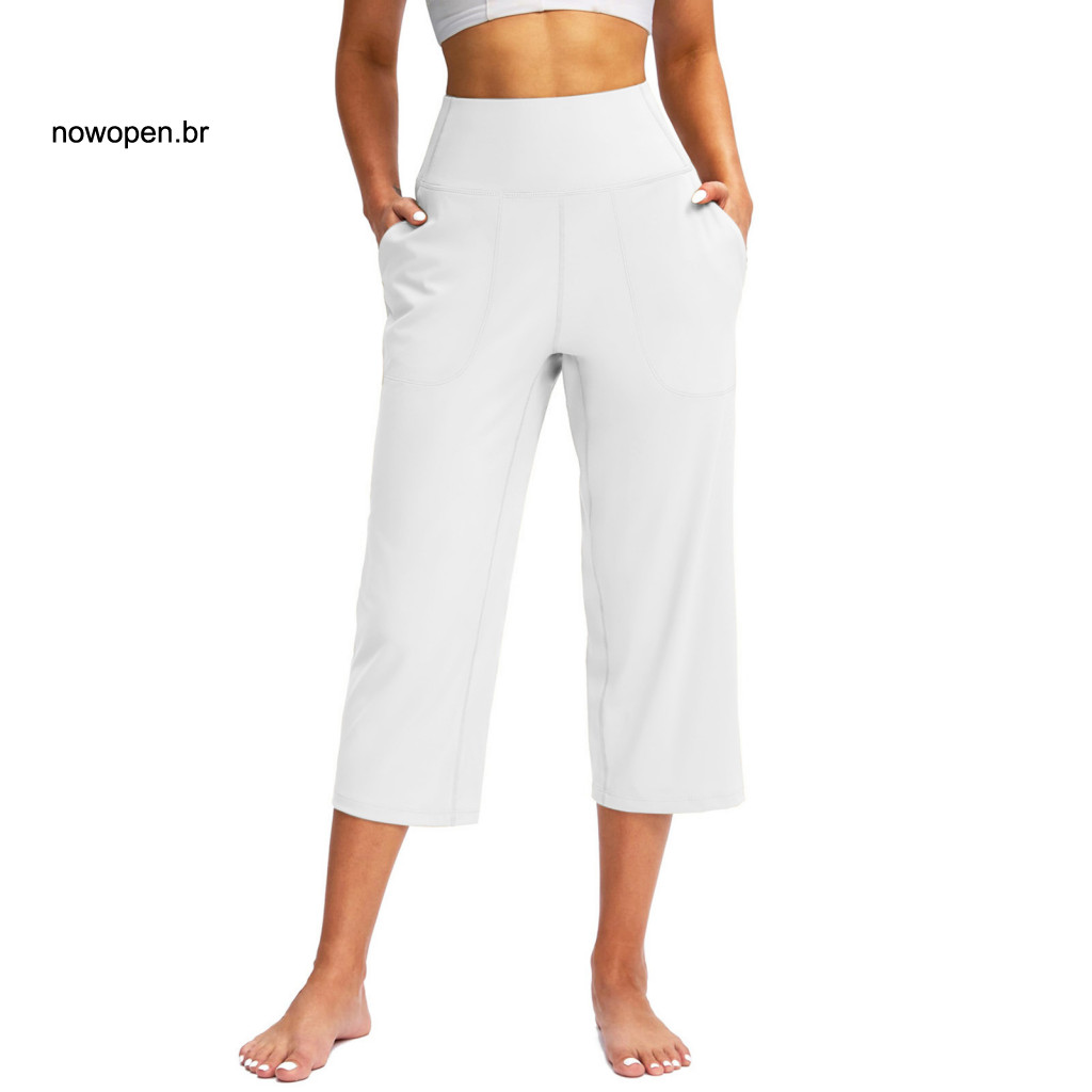 Sporty Trousers Women’s High Waist Yoga Pants with Pockets – Elastic Loose Fit Cropped Casual for Workout and Everyd