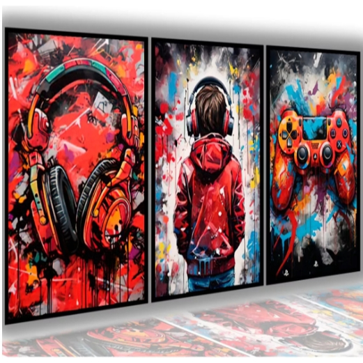 Quadro Decorativo Menino Street Art Controle Colorido 3 Peças Quarto Gamer Sala Decoração Parede