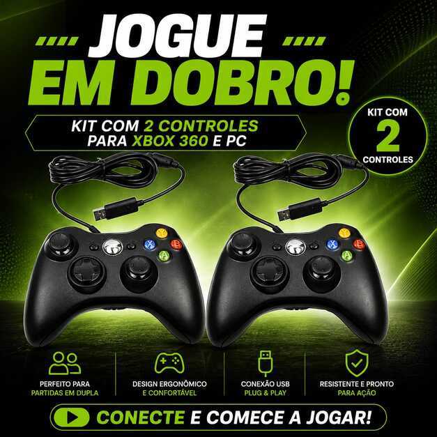 Controle Xbox 360 com Fio Kit 2 USB Compatível PC Windows Joystick com Vibração Plug and Play
