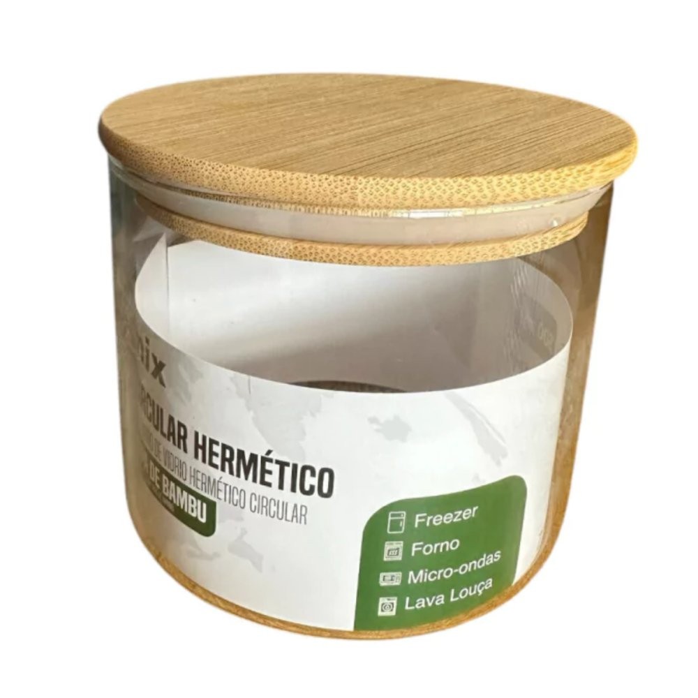 Pote de Vidro Circular Hermético Multiuso com Tampa de Bambu - 500ML