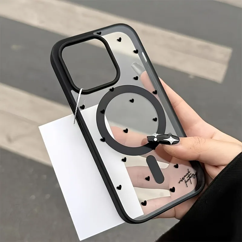 For Wireless Charging Magnetic Phone Case for iPhone 17 13 12 14 15 16 Pro Max 11 16E 16 Plus 17 Air With Black Love Heart Cover