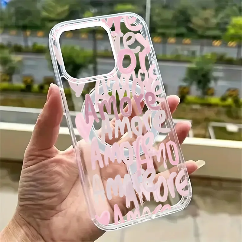 Amore-Love Romantic Pink Lettering Phone Case for iPhone 17 16 12 13 11 14 15 Pro Max 7 8 Plus Magnetic Wireless Charge Cover