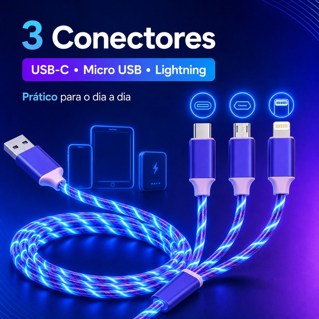 O cabo de dados de carregamento rápido 3 em 1 Flowing Light é compatível com carregamento LED Apple Type-C e Android